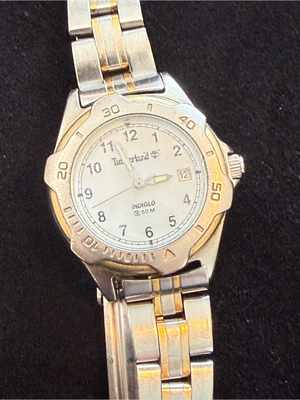 TIMBERLAND Men’s INDIGLO Date WR 50m Silver Tone Link Band New Battery Working